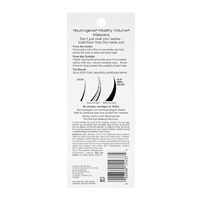 Neutrogena Healthy Volume Lash-Plumping Mascara, Volumizing and Conditioning Mascara with Olive Oil to Build Fuller Lashes, Clump-, Smudge- and Flake-Free, Black 02, 0.21 oz (Pack of 2)