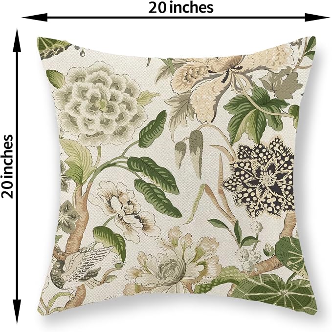 Green Pillow Covers 20x20 Inch Set of 2 Vintage Green Floral Throw Pillows Chinoiserie Flower Decorative Pillow Cases Outdoor Linen Farmhouse Cushion Covers for Couch Sofa Decorations