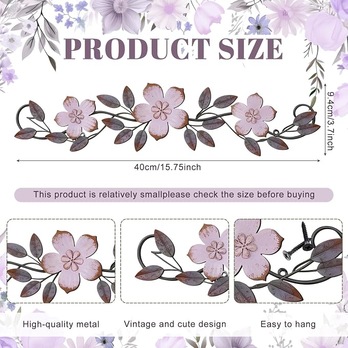 Wesiti Metal Flower Wall Decor Vintage Metal Flower Wrought Iron Scroll Sculpture 15.7''x3.7'' Not 3D, Flat Farmhouse Leaf Wall Decor with Nails for Summer Bedroom Kitchen Indoor Outdoor(Purple)