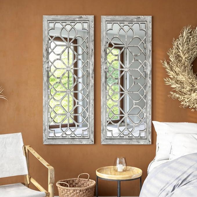 Set of 2 13x30 Inch Large Grey Shatterproof Carved Floral Wood Frame Wall Mirrors, Boho Farmhouse Rustic Accent Mirrors for Living Room Bedroom Bathroom & Home Decor