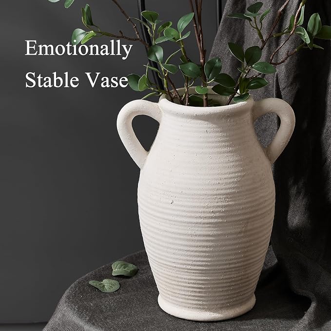 Emotionally Grounded Vase, Vaseking Large Ceramic Rustic Vase with 2 Handles, 9.8 inch Minimalist Decorative Farmhouse Tall Vases for Home Decor, Living Room, Enterway, Table Decoration, Fossil