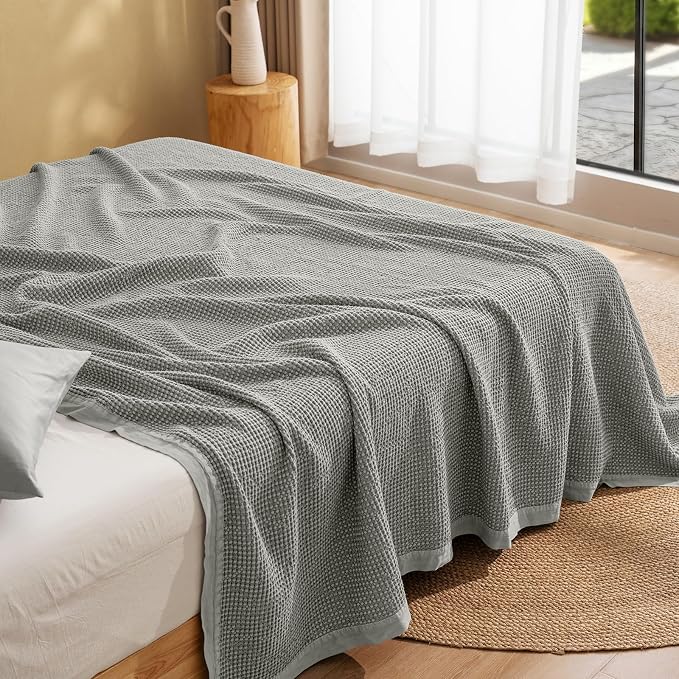 PHF Stone Washed 100% Cotton Waffle Blanket, Vintage Deep Honeycomb Texture, Breathable Thermal Blanket for Bed & Home Decor, All Season Layering - King, Frosted Grey