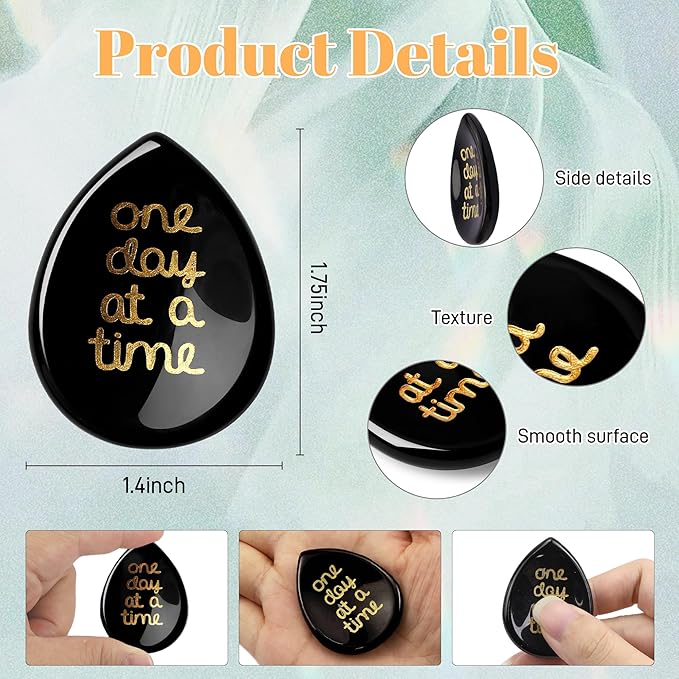 LAIDANLA Worry Stone for Anxiety Black Obsidian Healing Crystal Sensory Fidget Thumb Stones One Day at A Time Mental Health Relief Items Inspirational Sobriety Thinking of You Gifts for Women Men