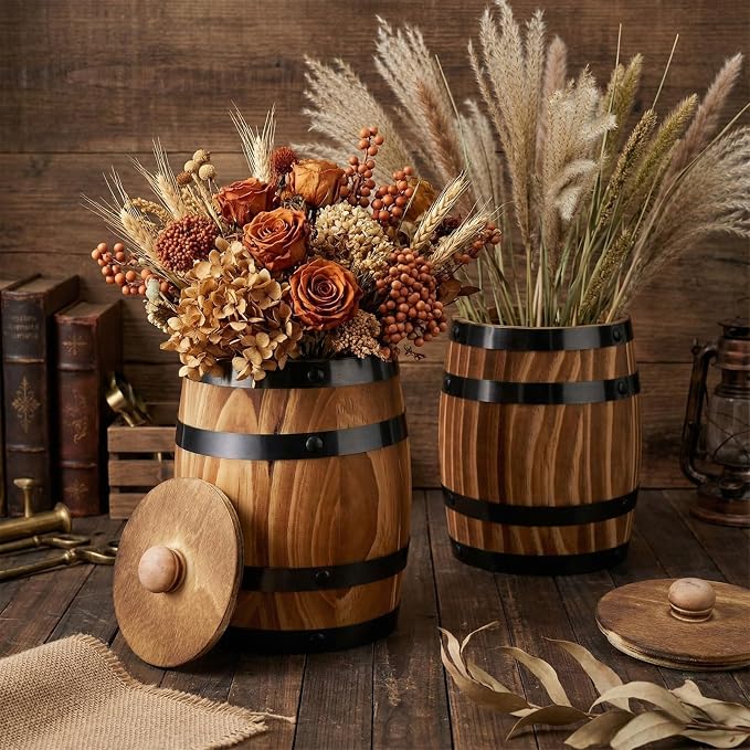 GlikCeil 2 Pcs Wood Wine Barrel Vase Vintage Flower Vase Container Rustic Barrel Planter for Wedding Reception Table Decoration Home Indoor Outdoor Garden Kitchen Party (6.3 x 5.5 Inch)