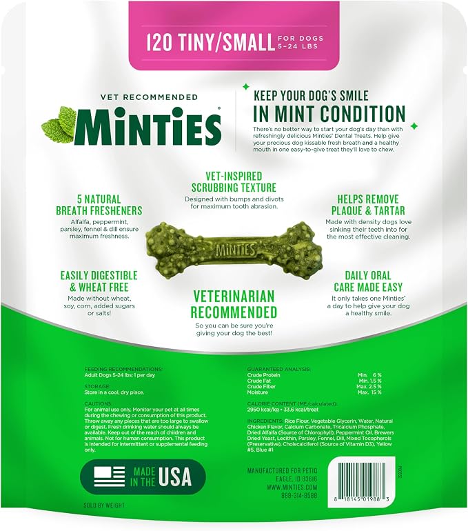 Minties Dog Dental Bone Treats, Tiny/Small Dental Dog Treats, 5-25 lbs, Clean Teeth, Fight Bad Breath, Removes Plaque and Tartar, 120 Count | Vet-recommended mint dental bone; scrubs teeth as dogs chew; fights plaque, tartar & bad breath; no soy/wheat/...