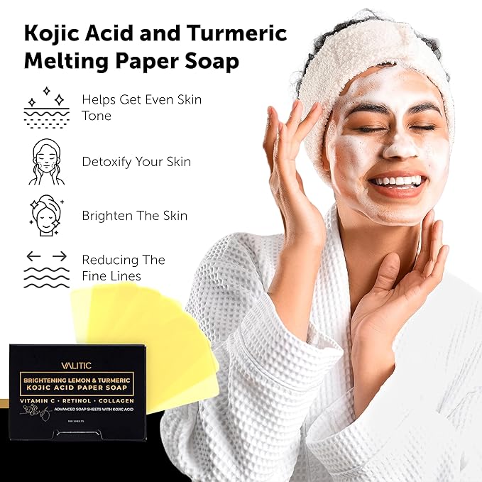 VALITIC Brightening Lemon Turmeric Kojic Acid Paper Soap - Vitamin C, Retinol, Collagen - Original Japanese Complex - Hyaluronic Acid, Vitamin E, Shea Butter, Castile Olive Oil - 2 Pack