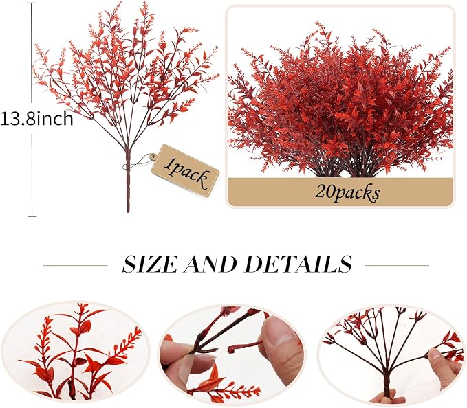 RECUTMS Fake Fall Outdoor Flowers Artificial Lavender Plants,Autumn Decor | 20 Packs Faux Fall Greenery UV Resistant Artificial Wine Red Flowers Fake Outdoor Faux Autumn Plants for Garden Party Cabinet