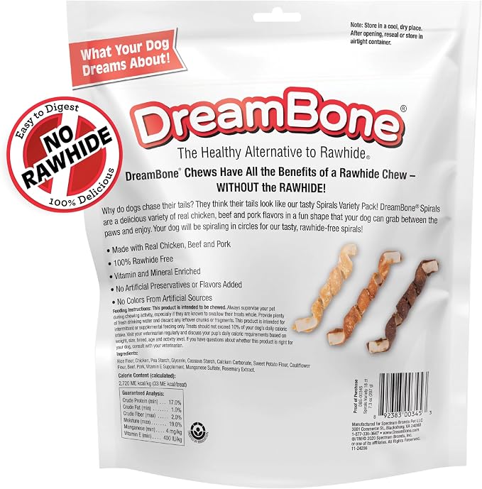 DreamBone Spirals Variety Pack Dog Treats, Daily Rawhide-Free Chew, Digests Safely and Completely, with Real Protein, Chicken, Beef, Pork and Veggies, 18 Count
