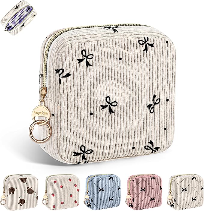 Cute Period Bag for Teen Girls, Corduroy Sanitary Napkin Storage Bag, Menstrual Pad Pouch Tampon Holder for Purse (Black Bow Tie)