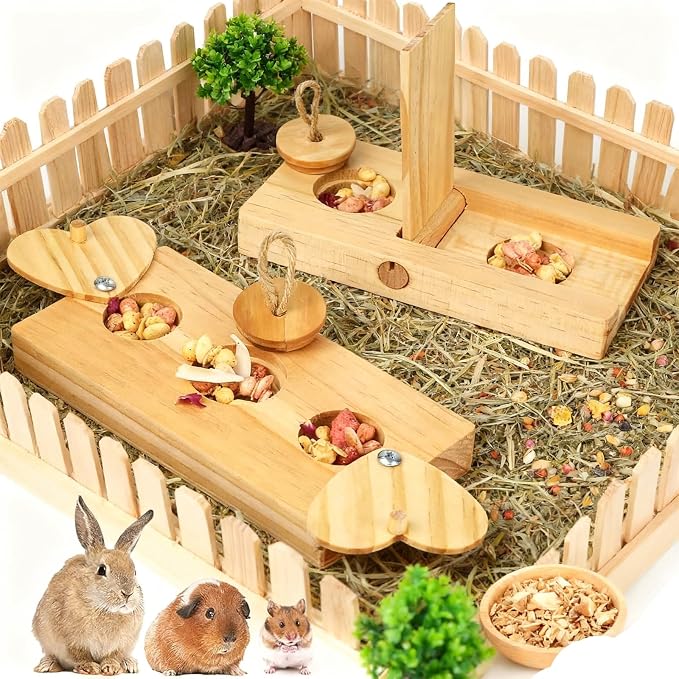 2 Pack Guinea Pig Foraging Toys, Guinea Pig Enrichment Toys Wooden Interactive Bunny Puzzle Toys, Small Animals Hide Treats Dispenser for Hamster, Rabbits, Bunny, Chinchillas