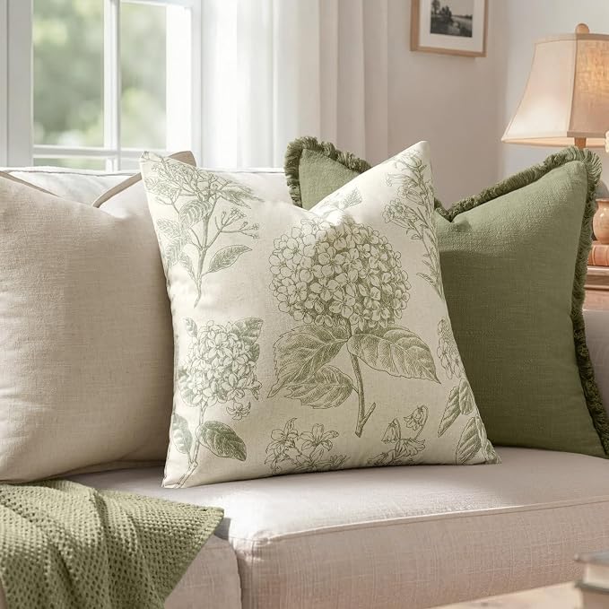 Set of 2 Decorative Floral Pillow Covers 20x20 Inch Sage Green | Neutral Hydrangea Print, Boho Vintage Throw Cushion Covers, Cottagecore Home Decor, for Sofa Couch Porch Bedroom Living Room
