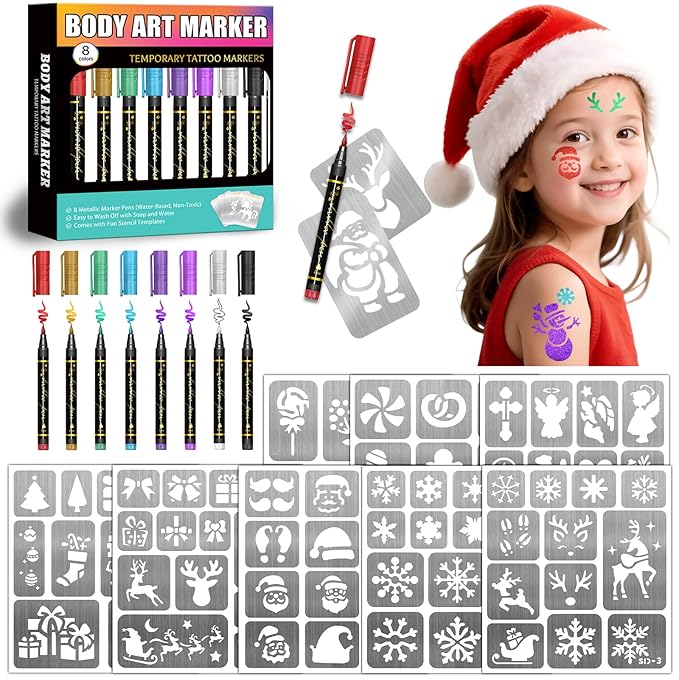Christmas Temporary Tattoo Markers for Kids and Adults, 8 Metallic Markers and 165+ Temporary Tattoo Stencil Designs for Christmas, Cosmetic Tattoos Pens for Party Favor