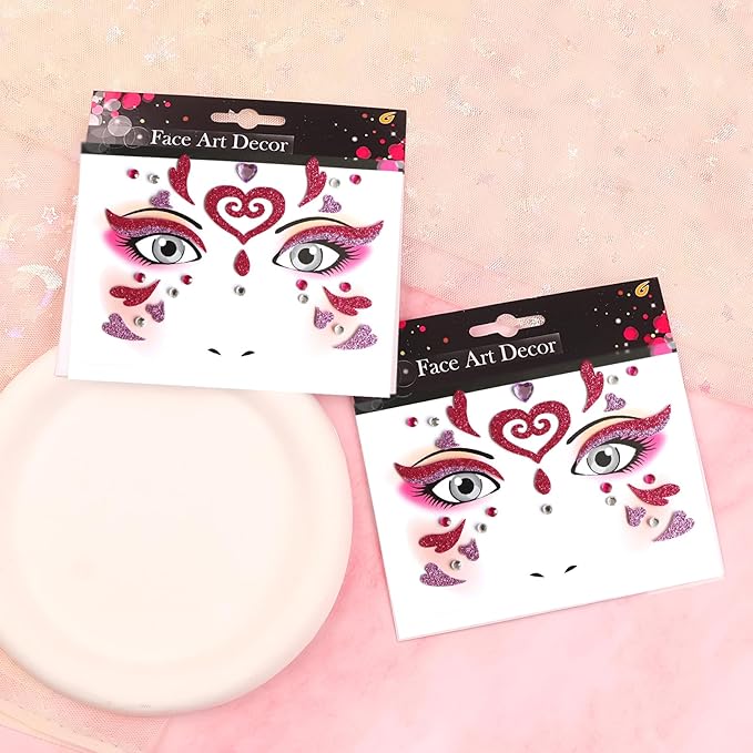 Valentine Face Gems Face Jewels Stickers Red Love Heart Lip Self Adhesive Eye Body Face Nail Hair Crystal Rhinestones for Makeup Festival Glitter Face Art Decor 2Sheets (style6)
