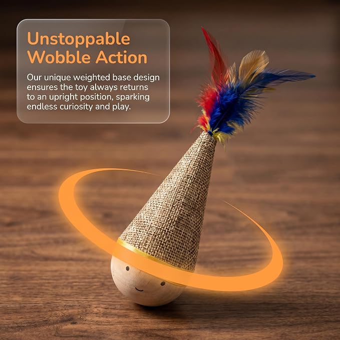 Wooden Wobble Cat Toy, 7in Self-Righting Tumbler for Indoor Cats, 2-Pack