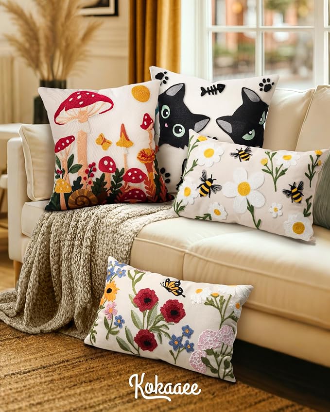 Embroidered Lumbar Pillow Cover 20x12 Inch, Retro Flower | Decorative Throw Pillow Cover, Vintage Boho Cushion Case with Hidden Zipper, Floral Decor for Couch, Sofa, Living Room, Bed
