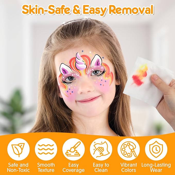 Mocoosy 41 Color Face Painting Kit for Kids, Non-Toxic Water Activated Face Paint Palette With Stencils, Brushes, Gems, Professional Body Makeup Kit for Cosplay Parties, Birthdays, Carnival, Christmas