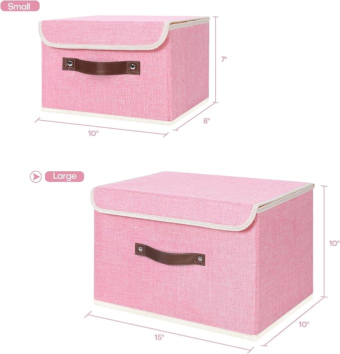 ANMINY Fabric Storage Box Bins with Lids, Pink, 15"x10"x10" | Keepsake Memory Storage, Cotton Linen, PP Board Reinforced, Washable, PU Handles, Foldable & Stackable, Decorative, Large