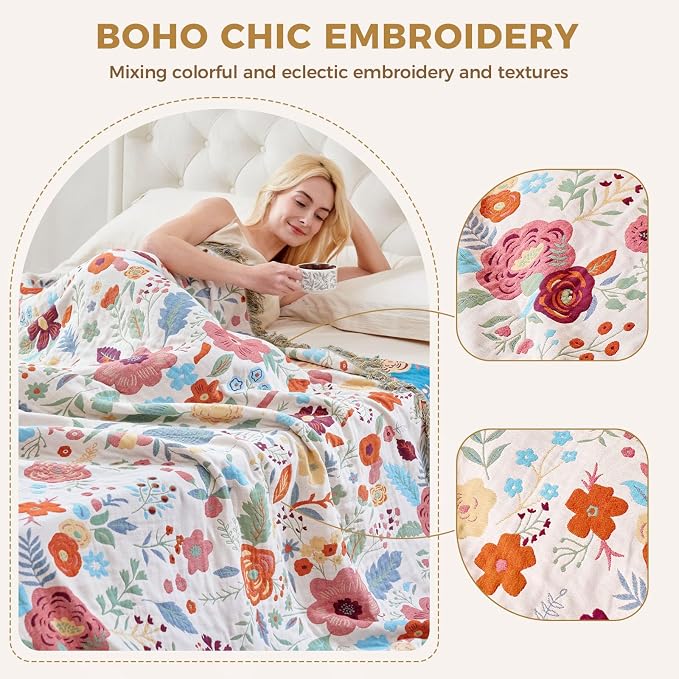 LUTBM Boho Throw Blanket for Bed 60"x80", All Season Cotton Couch Blankets | Reversible Floral Leaves Jacquard, All-Season Twin Lightweight Breathable Quilt, For Chair Sofa Bedroom Living Room Decor