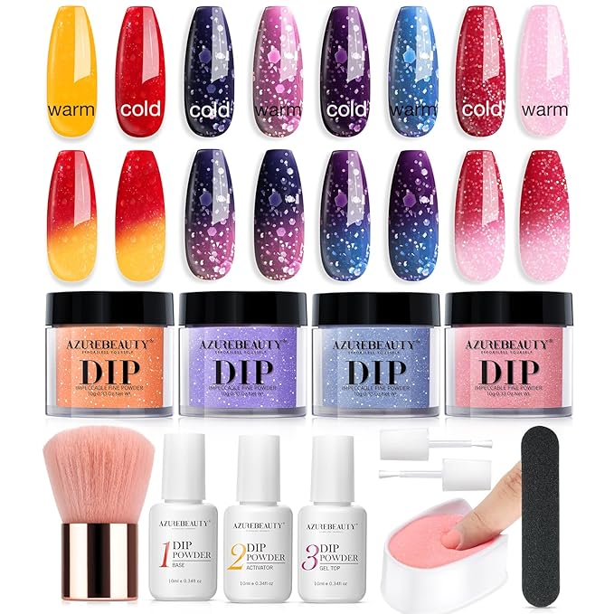 AZUREBEAUTY Color Changing Dip Powder Nail Kit Starter Fall Winter Glitter Pink Blue Purple Orange Mood Temperature Change Dipping Powder Liquid Set with Base Top Coat Activator for Home Manicure Gift