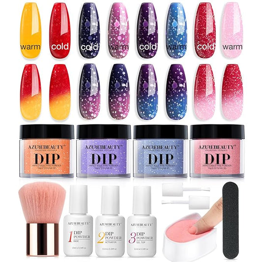 AZUREBEAUTY Color Changing Dip Powder Nail Kit Starter Fall Winter Glitter Pink Blue Purple Orange Mood Temperature Change Dipping Powder Liquid Set with Base Top Coat Activator for Home Manicure Gift
