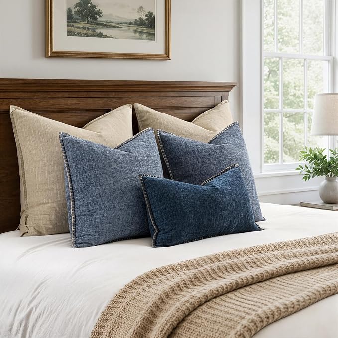 MIULEE Decorative Couch Throw Pillow Covers 18x18 Inch Dark Blue 2 Pack | Farmhouse Pillow Covers with Stitched Edge, Soft Chenille Cushion Cases, for Sofa Bed Living Room Home Decor