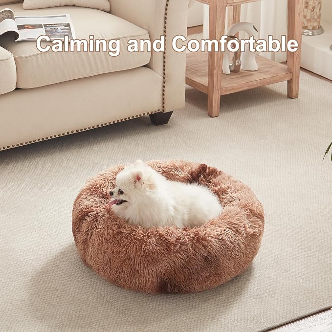 23 in Faux Fur Fluffy Donut Dog Bed for Small Dogs,Tie-dye Brown | Calming Plush Round Puppy Pet Bed with Removable & Washable Cover,Fits up to 25 lbs Pets