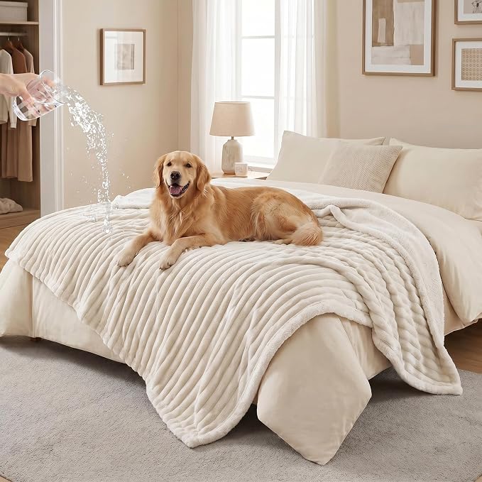 PuTian Waterproof Dog Blanket for Couch, 60"x80", Off White | Blocks Urine, Stains and Pet Hair to Guard Furniture, Perfect For Dogs & Cats On Couch, Bed, Car And Travel