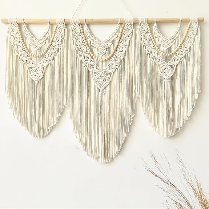 Large Macrame Wall Hanging, Boho Tapestry, 43"x32", Wood Bead Fringe | Handmade bohemian woven tapestry for bedroom, living room, apartment. Perfect Boho style wall decor art for weddings, parties