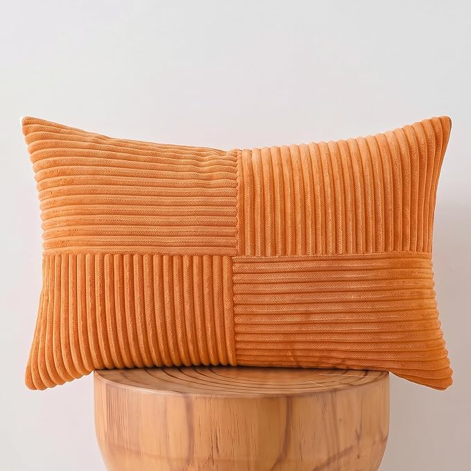 Fancy Homi 2 Packs Orange Lumbar Decorative Throw Pillow Covers 14x22 Inch for Living Room Couch Bed Sofa, Farmhouse Boho Home Decor, Soft Striped Corduroy Rectangle Accent Cushion Case 35x55 cm