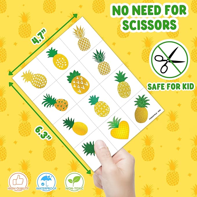 Pineapple Temporary Tattoos – 60 PCS (5 Sheets) Gold Summer Theme Birthday Party Favors, Cute Stickers for Kids Boys Girls, Classroom Prizes, Carnival Holiday Gifts