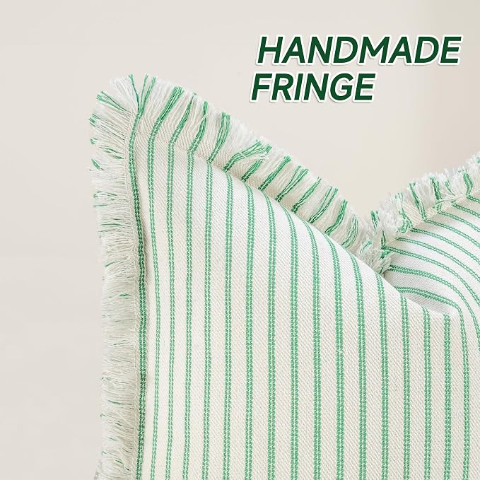 Throw Pillow Covers 26x26 Set of 2 Green Striped Pillow Covers with Fringe Chic Cotton Decorative Pillows Square Cushion Covers for Sofa Couch Bed Living Room Farmhouse Spring Decor
