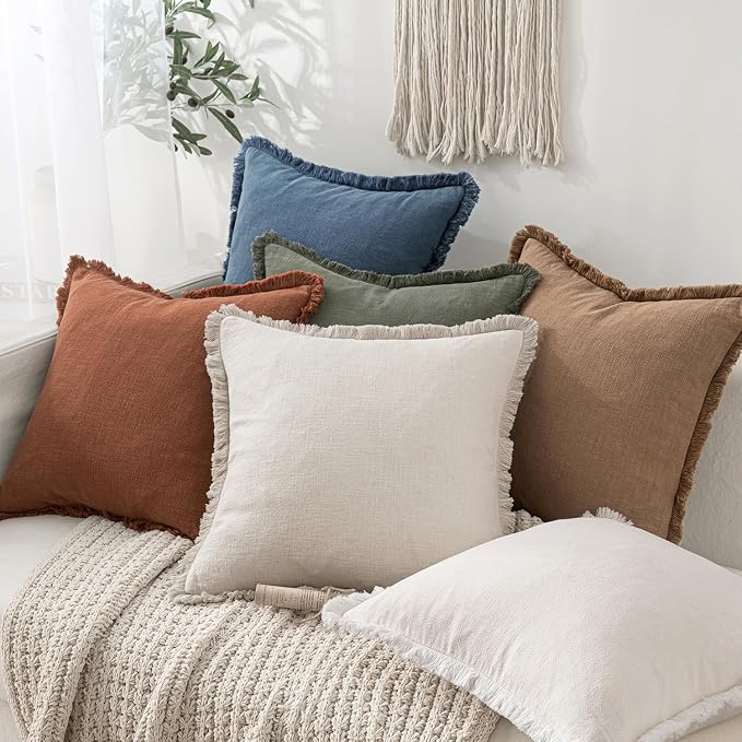 MIULEE Linen Fringe Decorative Euro Throw Pillow Covers Blue Ashes 24x24 | Set of 2, Cottagecore Decor, Boho Farmhouse Coastal Pillow Covers, Rustic Couch Cushion Cases for Sofa Bed Living Room