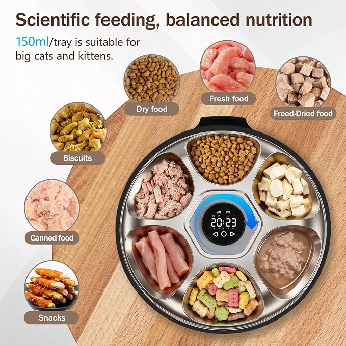 Automatic Wet Food Cat Feeder 6 Meal with Stainless Steel Tray, Auto Refrigerated Wet Foods Feeder for Cats Dogs, Programmable Timed Fresh Foods Dispenser with 2 Ice Packs for Kitty Puppy Cat Dog