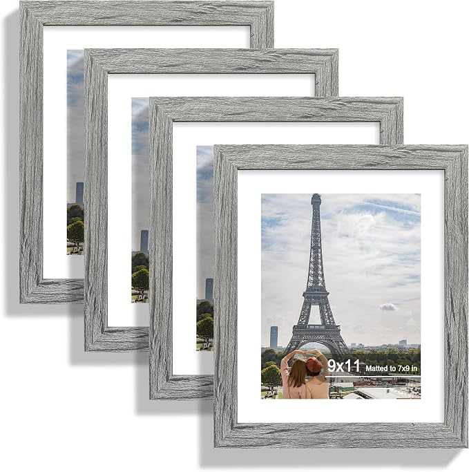Hongkee 9x11 Picture Frame Set of 4, Made of Real Glass and Grey Frame - Display Picture 7x9 with Mat or 9x11 Without Mat, 9 by 11 Photo for Wall or Tabletop