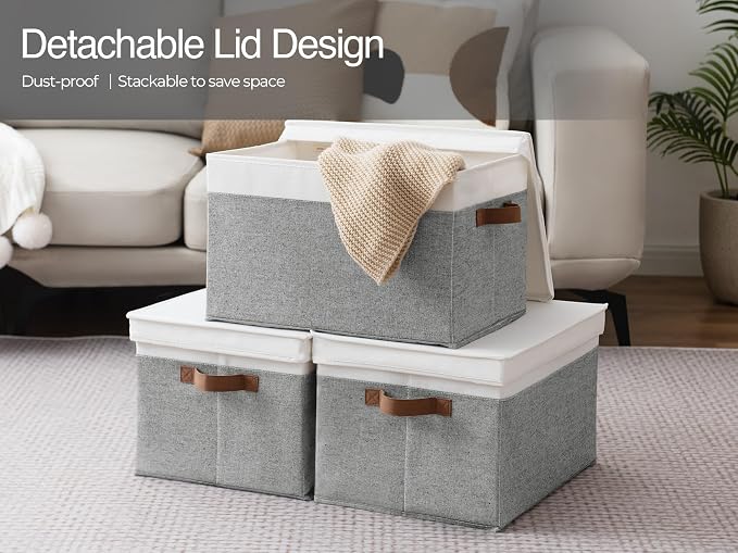 StorageWorks Storage Bins with Lids, Decorative Storage Boxes with Lid and PU Handles, Foldable Storage Baskets for Closet, Shelves, Stackable, Gray and White, Jumbo, 3-Pack | Lidded Dust-proof, Easy Pull Handles, Foldable, Stackable, Ideal for Clothes...