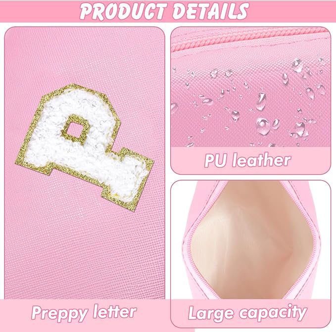 URSKYTOUS Initial Makeup Bag Personalized Preppy Travel Small Cosmetic Bag Cute PU Pink Chenille Letter Makeup Pouch for Purse Waterproof Zippered Toiletry Organizer for Women Girls Kids Friends (P)