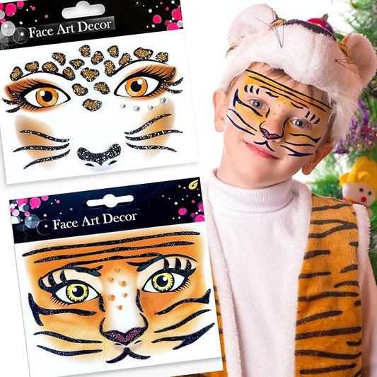 Leopard Tiger Glitter Face Tattoo Stickers for Kids - Temporary Body Art Makeup for Halloween, Cosplay, Birthday Party, Festival - Waterproof Fake Tattoo Stickers - 2Pcs (Wild Animal Design)