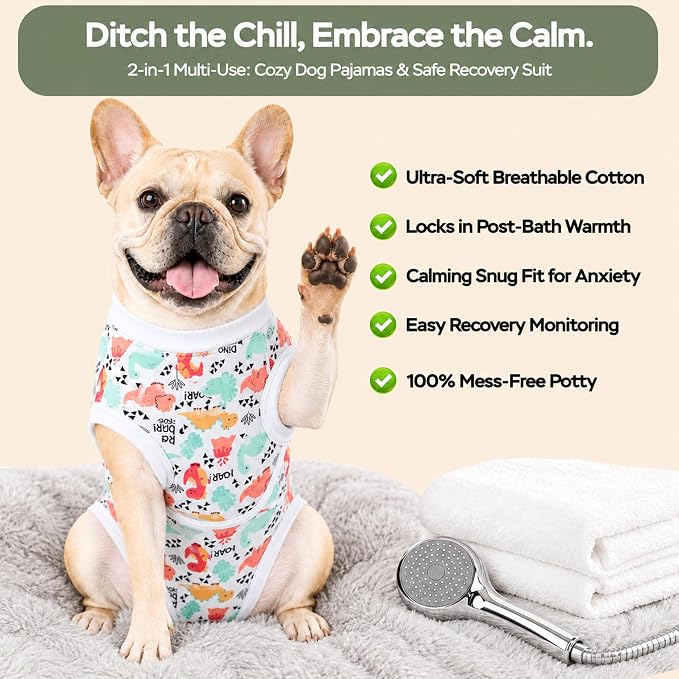 PetWarm Post Neuter Surgery Suit for Dogs, E Collar Alternative for Dogs After Surgery, Anti-Licking Dog Surgery Recovery Suit Dog Bodysuit, Dinosaur Pattern, White, 2XL