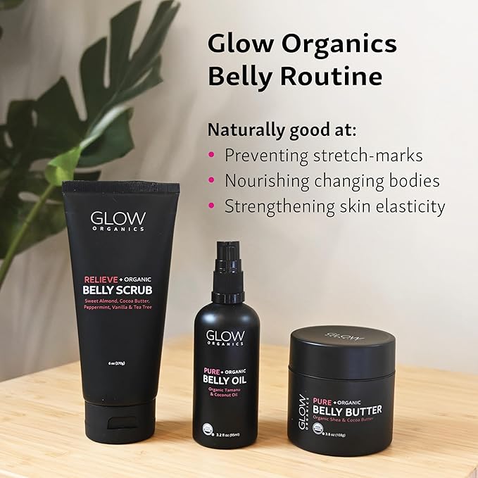Glow Organics Stretch Mark Cream Belly Butter, Scrub and Oil, 3-Step Pregnancy Skin Care Kit, Belly Butter for Stretch Marks, Organic, Pregnancy & Baby Registry Must Haves, Mother To Be Gift.