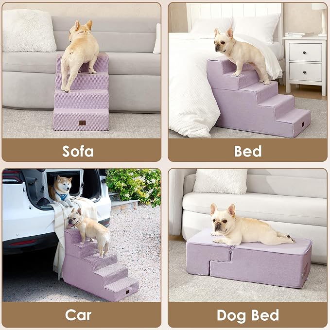 EHEYCIGA Dog Stairs for High Bed 22.5" H, 5-Step Dog Steps, Lilac | Pet Steps for Small Dogs and Cats for Bed, Non-Slip Balanced Pet Ramp Indoor