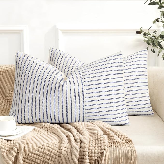 YCOLL Farmhouse Pillow Covers 12x20, Modern Accent Lumbar Throw Pillow Covers Set of 2, Blue and Beige Striped Patchwork Linen Decorative Pillows Cushion Covers for Couch Chair Bedroom Home Decor