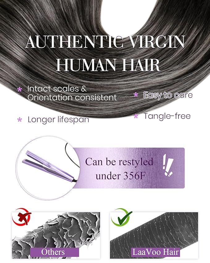 LaaVoo Nano Bead Hair Extensions Human Hair Black Nano Hair Extension Human Hair 16 Inch Balayage Black to Silver Nano Tip Extensions 50g 50s