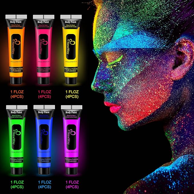 NewWay Glow in the UV Dark Body Paint Luminous Neon Paint, 1 FL.Oz x 24 Pcs in 6 Colors Party Supplies Black light Paint Water Soluble UV Light Makeup for Party Cosplay