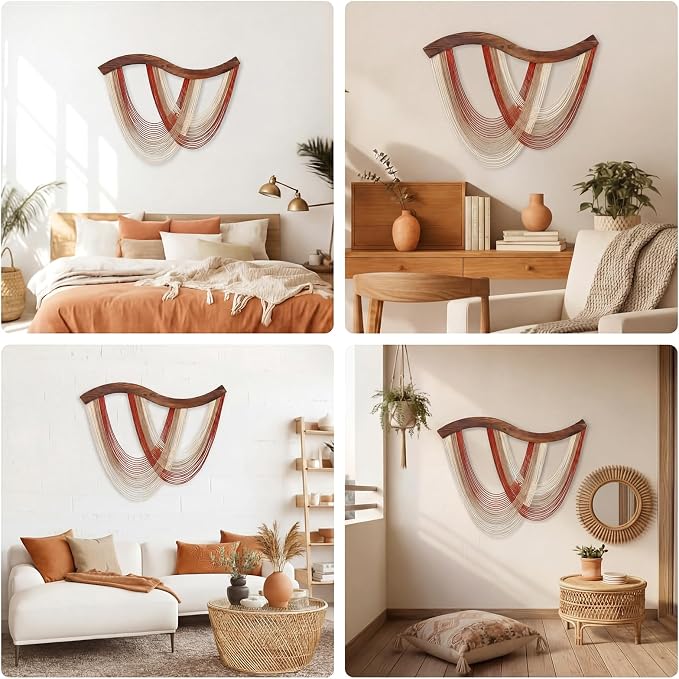 Warm Neutral Macrame Wall Hanging Dip Dyed Yarn Wall Art, Modern Boho Decor | Handmade Cotton Rope Tapestry for Bedroom, Living Room, Nursery, 31.5 x 23.6 Inch