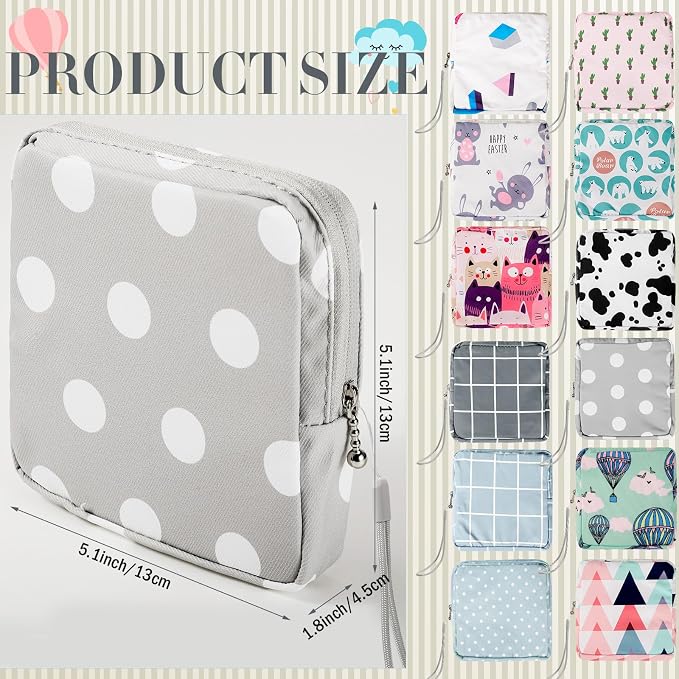 Paterr 12 Pcs Sanitary Napkin Storage Bag Set Portable Period Pouch with Lanyard for Menstrual Pad Bags Back to School First Period Gift for Teen Girls (Cute Style)