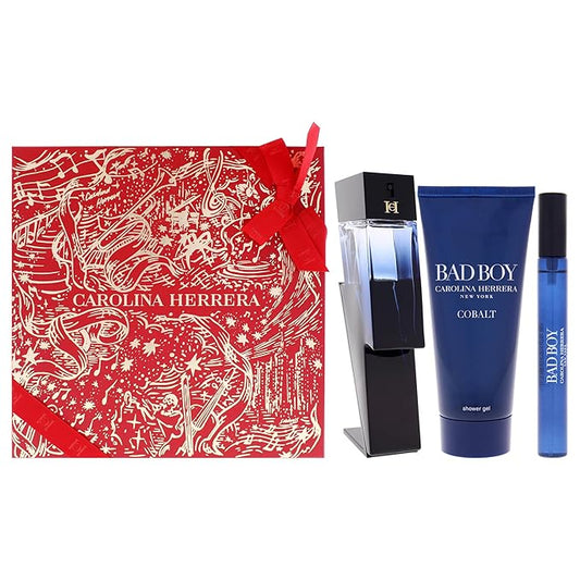 Carolina Herrera Bad Boy Cobalt 3-Piece Gift Set for Men, (Eau De Parfum 3.4 oz + Shower Gel 3.4 oz + Travel Spray 0.34 oz) – Limited Edition