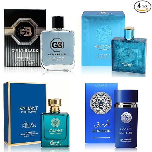 A CENTER Men's Cologne Gift Set of 4(MilanValian&VintageH&GuiltB&LionBlu) - 3.4 Fl Oz Each | Vanilla Bourbon, Leather & Amber Floral Fragrance | Luxury Eau de Toilette