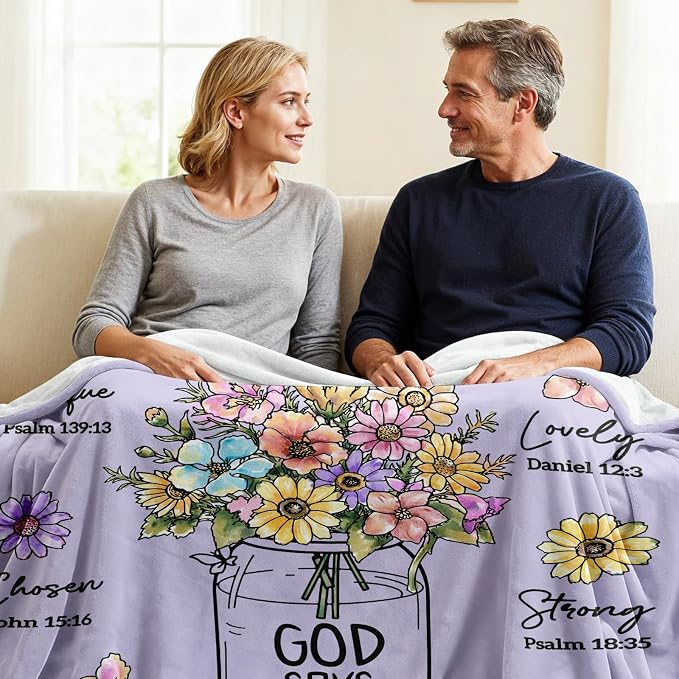 Christian Birthday Gifts for Women, Christian Religious Blanket with Flower | Birthday Gifts for Women, Spiritual Baptism Religious Gifts for Sister Mom Daughter Grandma, Throw Blankets(Purple)80''x 60''