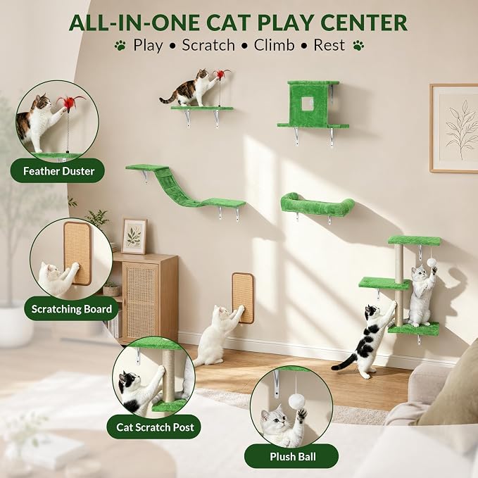 Cat Wall Shelves, 6 in 1 Cat Wall Furniture Set with Condos House, Bed, Bridge, Tree, Steps, Scratching Board, DIY Walls Playground for Indoor (Green)