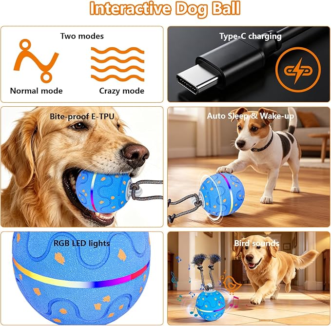 Interactive Dog Ball Toy with 2 Rope, Automatic Rolling & Bouncing Smart Dog Toy with Bird Chirping Sound and LED Light, Soft ETPU Chew-Safe Material, USB Rechargeable, for Medium & Large Dogs